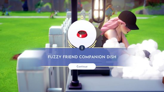 Dreamlight Valley companion items: The players crafts a red fuzzy friend companion dish. 