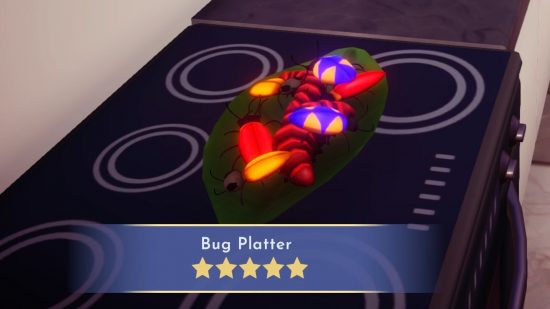 Dreamlight Valley recipes: A five-star bug platter sits on the stove, a selection of juicy bugs on a leaf.