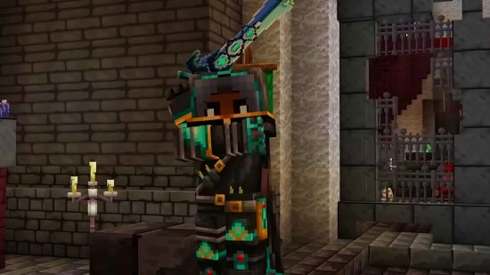 Minecraft meets Dungeons and Dragons in huge new DLC campaign: A pixelated, blocky knight character raises a sword at the camera