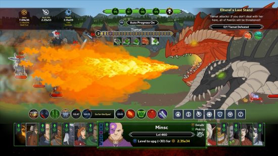 A strategy game showing a huge fire-breathing dragon dousing a group of fighters in flames