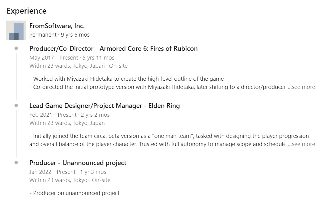 Elden Ring dev FromSoftware potentially working on unannounced project: An image from the LinkedIn page of a developer on FromSoftware's Elden Ring