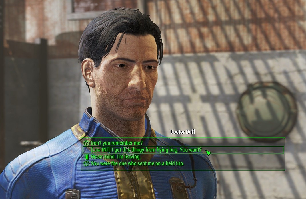 Atemberaubende Fallout 4-Mod lässt es sich endlich wie ein echtes RPG-Spiel anfühlen: Ein Mann in einem blauen Overall führt ein Gespräch in Fallout 4