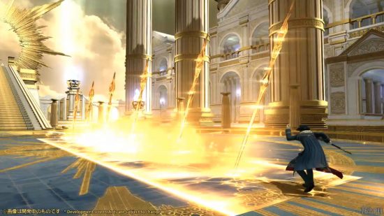 FFXIV 6.4 patch details - a Blue Mage holds out an arm, causing multiple golden spears to rise from the ground in a line ahead of them