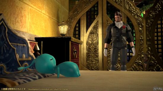 FFXIV 6.4 patch details - a blocky Hildibrand looks at a small cyan sprite lying on a bed