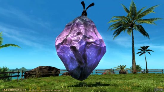 FFXIV 6.4 patch details - a Spriggan atop a giant, floating purple crystal in a field