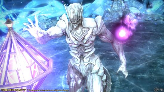 FFXIV 6.4 patch details - a figure in organic-looking white armour holds out a hand towards a glowing purple crystal