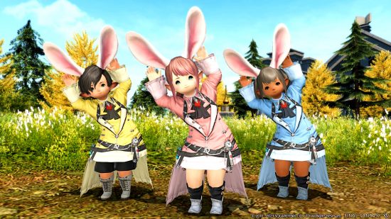 FFXIV patch 6.35 - three Lalafell pose wearing giant Loporrit ears