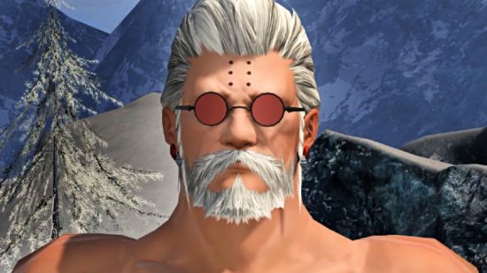 FFXIV - Godbert Manderville, a legendary goldsmith with magnificent white hair and beard, stands proudly shirtless in the snow wearing a pair of small red sunglasses