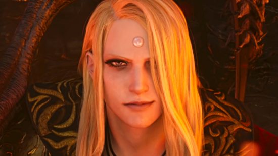 FFXIV Endwalker - Zenos yae Galvus, a handsome man with long blonde hair and a gem set into his forehead