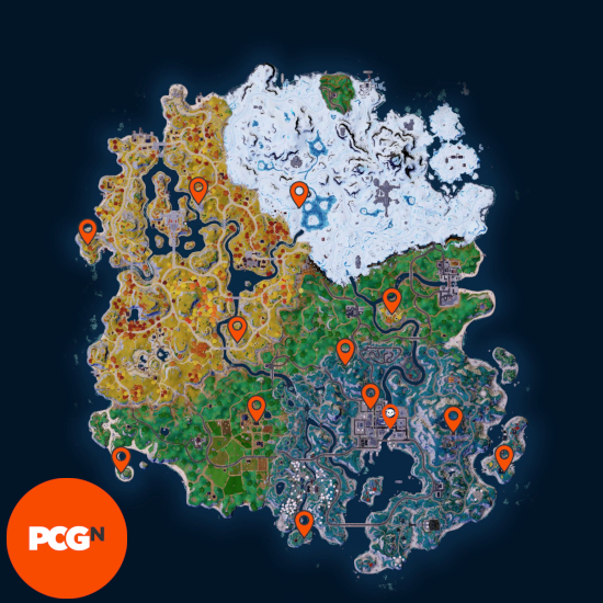 Fortnite NPCs locations - a map with pins showing the locations of all the Fortnite NPCs, and a pin with a skull showing the boss location.