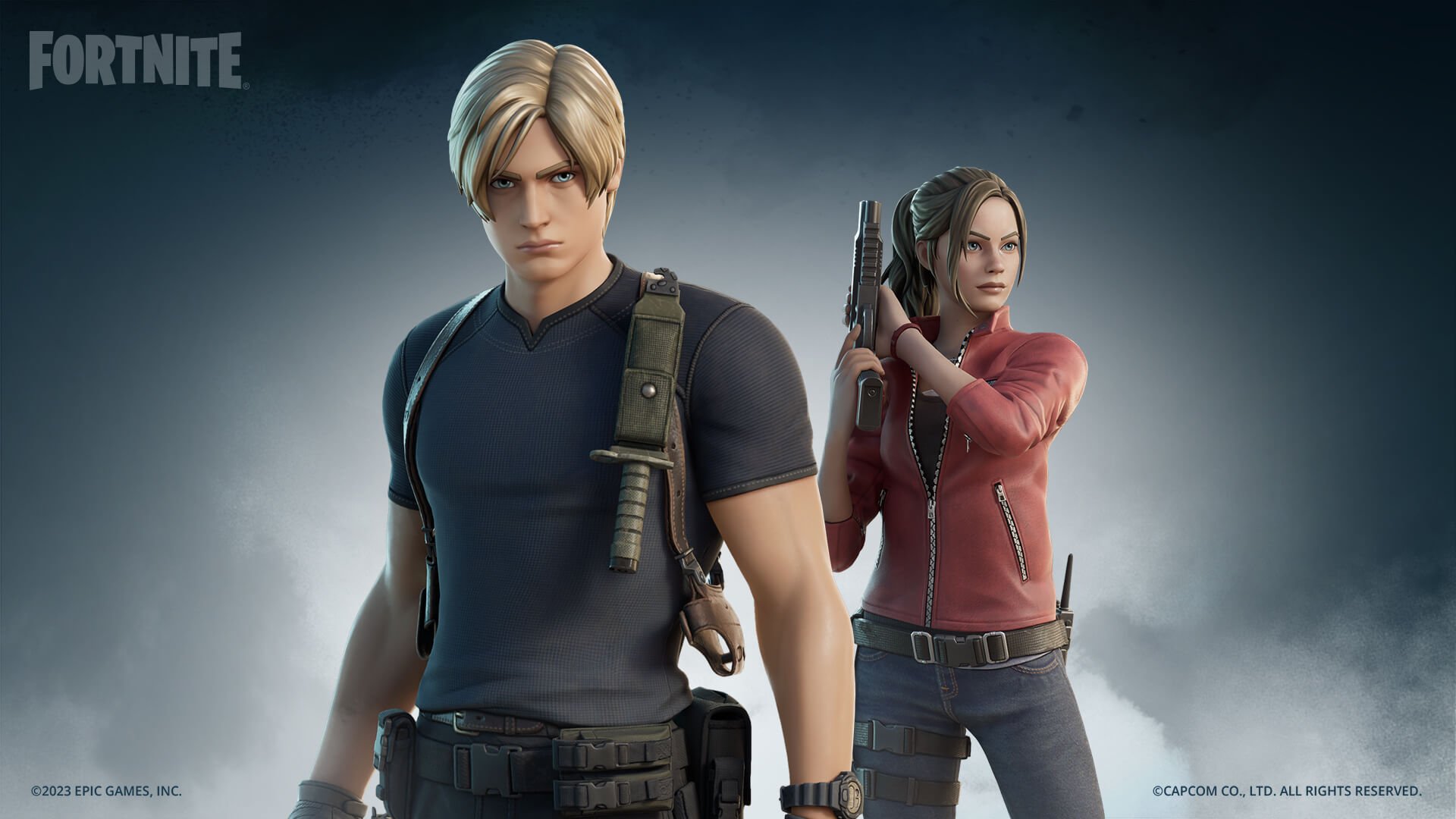 Fortnite Skins - Leon e Claire skins nello stile del loro remake di Resident Evil 4 e degli stili di remake Resident Evil 2 rispettivamente