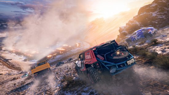 Best open world games: several cars hurtle down the side of an active volcano.