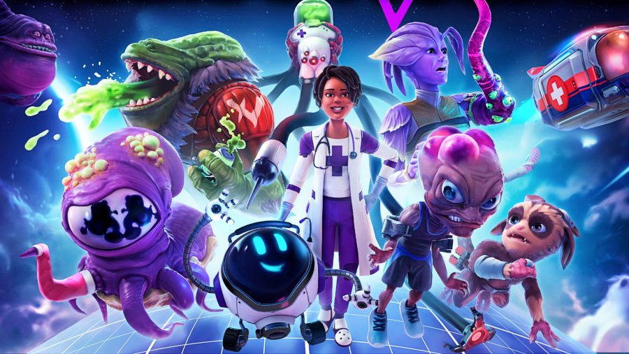 Galacticare - a doctor in white and purple alongside her helpful robot companion, surrounded by all manner of alien creatures