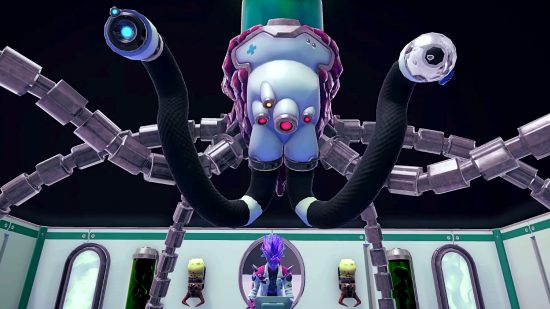 Galacticare - an alien doctor operates a medical robot with six legs and two arms as it prepares to work on a patient