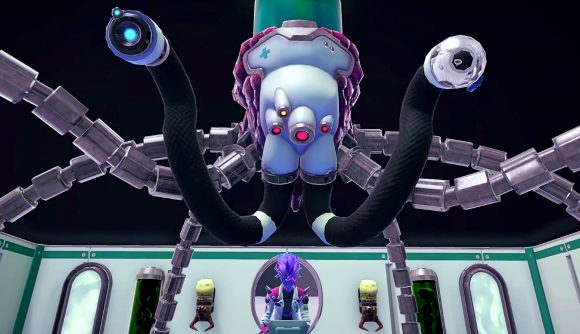 Galacticare - an alien doctor operates a medical robot with six legs and two arms as it prepares to work on a patient