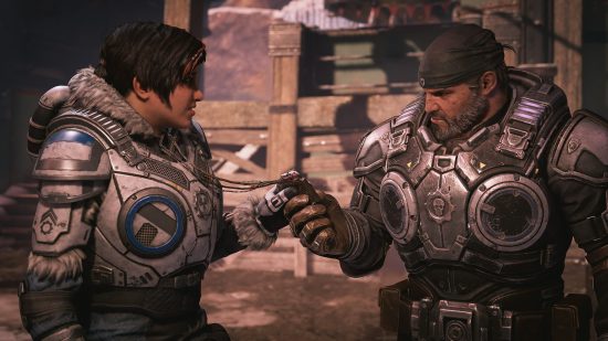 Gears of War might be coming back, based on Microsoft listing: Two soldiers in giant armour share a fist bump on the battlefield in co-op game Gears of War