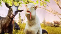 Goat Simulator 3 gets bizarre tabletop crossover - but it isn't DnD: A virtual goat and sheep stand next to each other in a wheat field with tongues out
