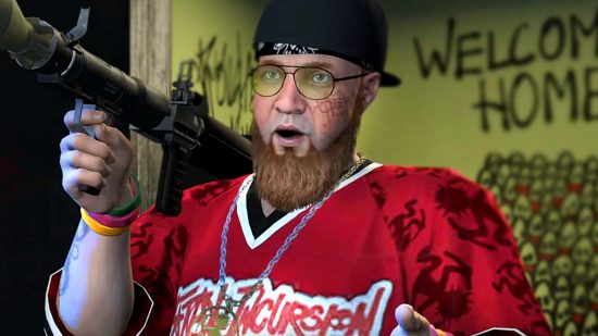 GTA Online DLC - Los Santos Drug Wars: The Last Dose - Dax, a bearded man in a backwards baseball cap and red baseball jersey, holds an RPG on his shoulder