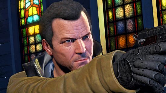 GTA 5 RP server shut down after making player remove LGBTQI+ clothing: A Man in a jacket and gloves, Michael from Rockstar sandbox game GTA 5, aims a gun