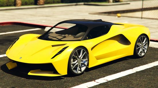 GTA Online - Grand Theft Auto 5 - the Ocelot Virtue, a yellow hypercar, in a parking lot