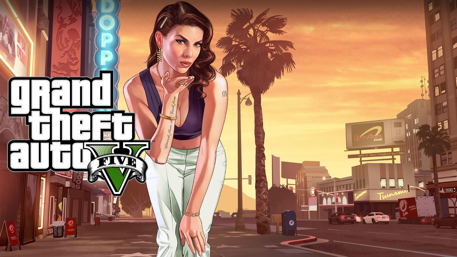 GTA 5 Systeemvereisten: Load Screen for Game with Femme Character Blowing Kiss naast Logo