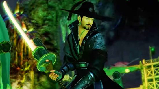 Guild Wars 2 End of Dragons DLC sets up for fourth expansion: An Asian man dressed in traditional black samurai garb with a wide brimmed black hat and a trimmed goatee holds a huge sword