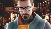 Half-Life 2 remade as classic Resident Evil-style horror game, out now: A scientist in armour and glasses, Gordon Freeman from Half-Life 2, stands in a mansion from horror game Resident Evil