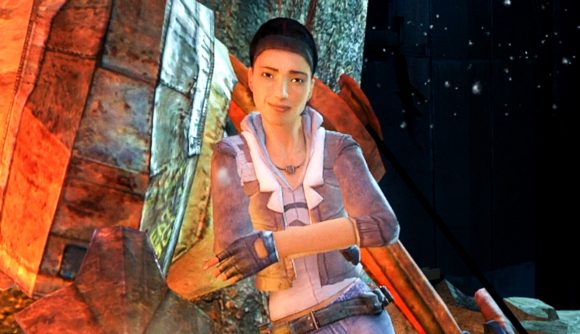 Half-Life 2 VR Episode One - Alyx Vance leans back with her arms folded in the community-made virtual reality mod for Valve's iconic FPS game
