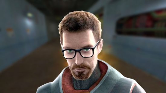Ageing FPS Half-Life gets free overhaul, but not from Valve: a man with brown hair, glasses, and an orange suit stands in front of a blurred hallway