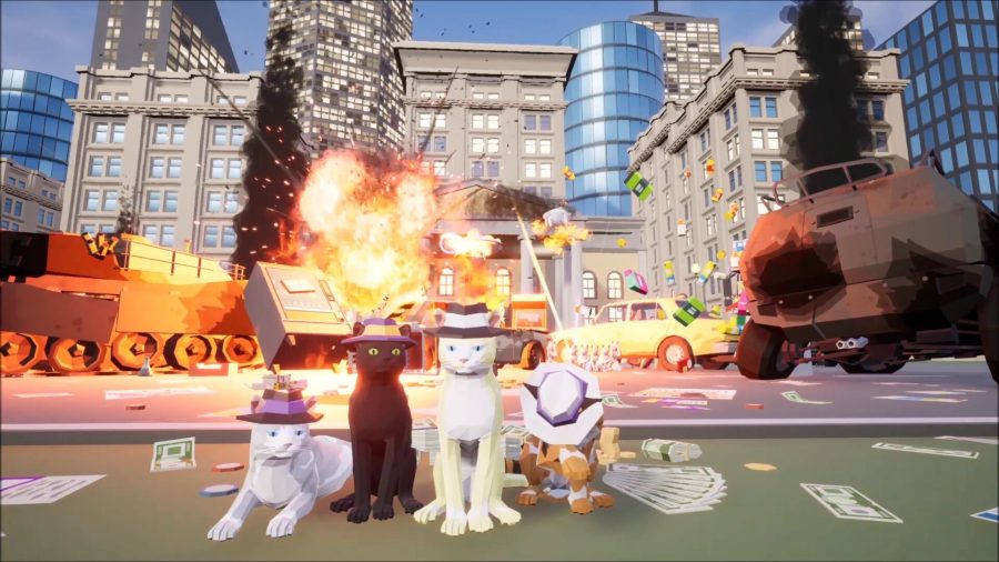 Four small cats wearing gangster-style fedora hats stand in front of a burning city with a crashed taxi in the background