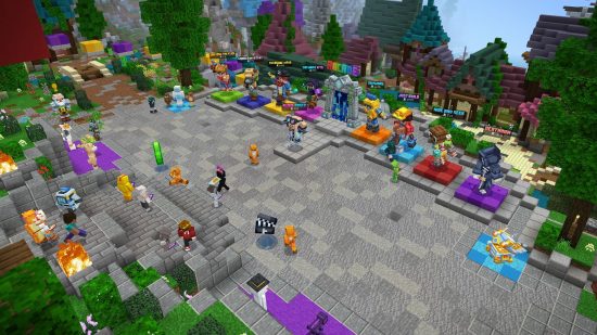 A colourful cast of blocky characters populate a grey stone hub area.