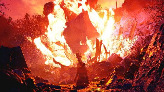How long is Dead Island 2: An image from the opening to the game, in which a vision of a person kneels in front of huge, roaring flames.