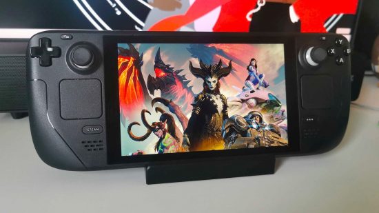 How to install Battle.net on Steam Deck: Valve handheld with Blizzard game artwork on screen