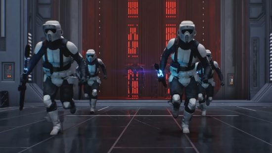All Star Wars Jedi Survivor enemies: a group of imperial tropps run towards the camera.