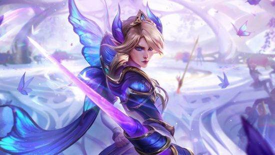 A blonde woman with purple fairy wings stands looking over her shoulder holding a purple crystalline sword as petals swirl in the background