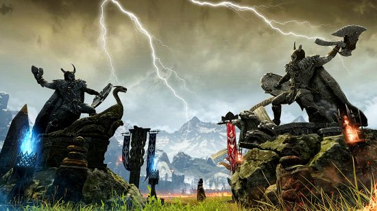 Lost Ark Tulubik Battlefield update - several statues on a grassy battlefield. Lightning crackles across the sky in the background.