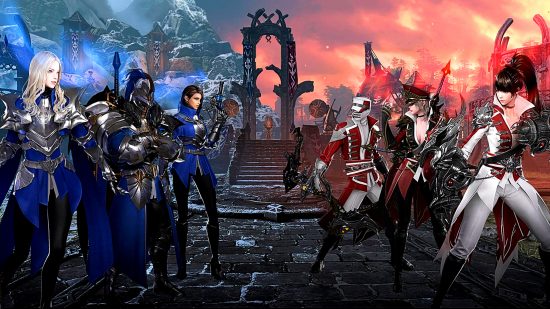 Lost Ark Tulubik Battlefield – Zwei rot-blau gekleidete Kriegerteams treten gegeneinander an