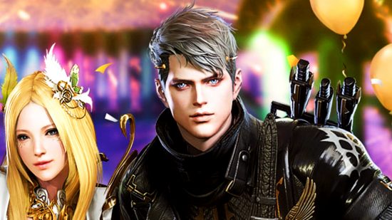 Lost Ark interview with Amazon Games - a silver-haired man and blonde woman pose together among golden balloons