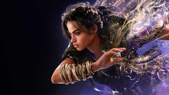 "Major" Forspoken update relieves stress on your PC, adds target lock: A black woman wearing a golden gauntlet on her wrist charges forward surrounded by magic