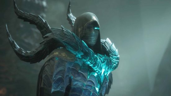 Marvel Snap publisher's new RPG is basically Dungeons and Dragons: A mysterious wearing bandages across his face with glowing blue eyes wearing a hood with twisted hornlike pauldrons looks at the camera
