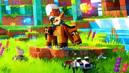 Minecraft Legends - a white-haired character sits atop a horse in a field, holding a lute. Several animals lie in the grass nearby, including a rabbit and a badger.