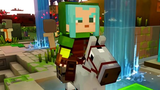 Minecraft Legends - a cyan-haired person on a horse raises one eyebrow quizically