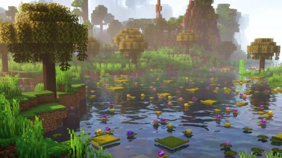 Minecraft mods: Good Ending is a mod that changed the wilderness, and the image shows a beautiful biome with new flora on top of water, new plants, and new green blocks, adding to the lush landscape.