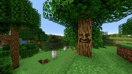 Minecraft mods: an oak tree with a face in the Mystical Oak Tree mod.