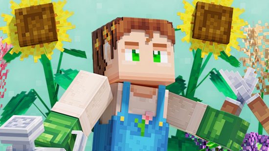 Minecraftは新しいボスにMojangと村人が言っていると言います。MojangBuildingゲームMinecraftのプレイヤーは、花と草の畑の中に立っています