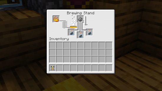 Best Minecraft potion of weakness recipe, a brewing stand ui with blaze powder and gunpowder making a splash potion of weakness.