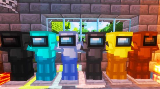 Six very colourful square spacepeople stand in a line in Minecraft.