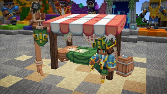 A blocky character leans against their colourful market stall.,