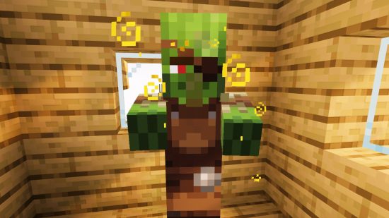 Best Minecraft potions: A zombie villager with yellow particles around him having been weakened with splash potion of weakness and fed a golden apple.