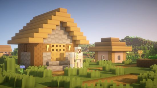 Minecraft texture packs: A village house and iron golem in Digs' simple pack, in which every block texture is eight pixels by eight, instead of sixteen, making it look simpler.